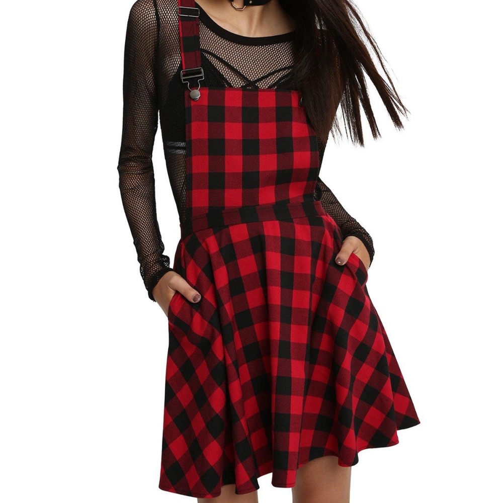 Hot Topic red and black buffalo checkered overall dress- S